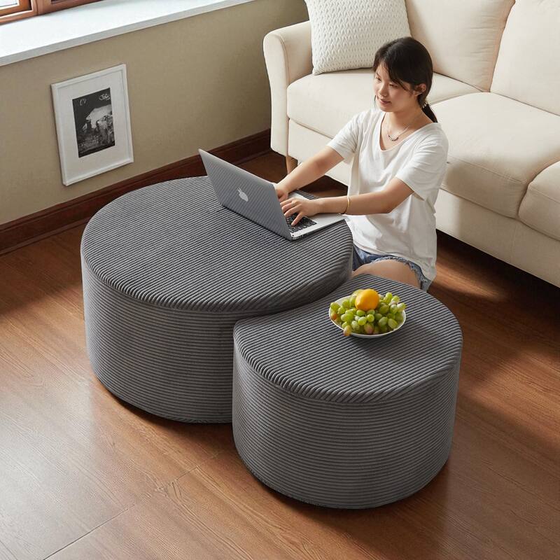 Set of 2 Round Nesting Coffee Tables, Upholstered Corduroy Ottoman Accent Tables, Modern Foam Design, No Assembly