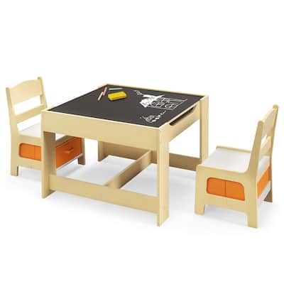 Gymax Children Kids Table Chairs Set With Storage Boxes Blackboard
