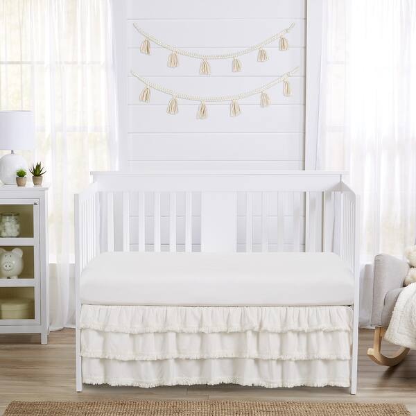 Ivory Boho Bohemian Collection Girl 3 Tiered Ruffled Crib Bed Skirt Neutral Off White Farmhouse Minimalist Tassel Fringe Cotton Overstock 33887355