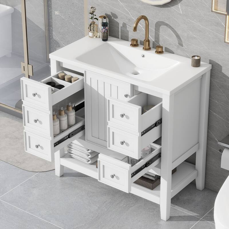 36-Inch Bathroom Vanity with Ceramic Sink - Solid Wood Frame, 3 Drawers, 1 Cabinet & Shelf - Modern Freestanding Design - White
