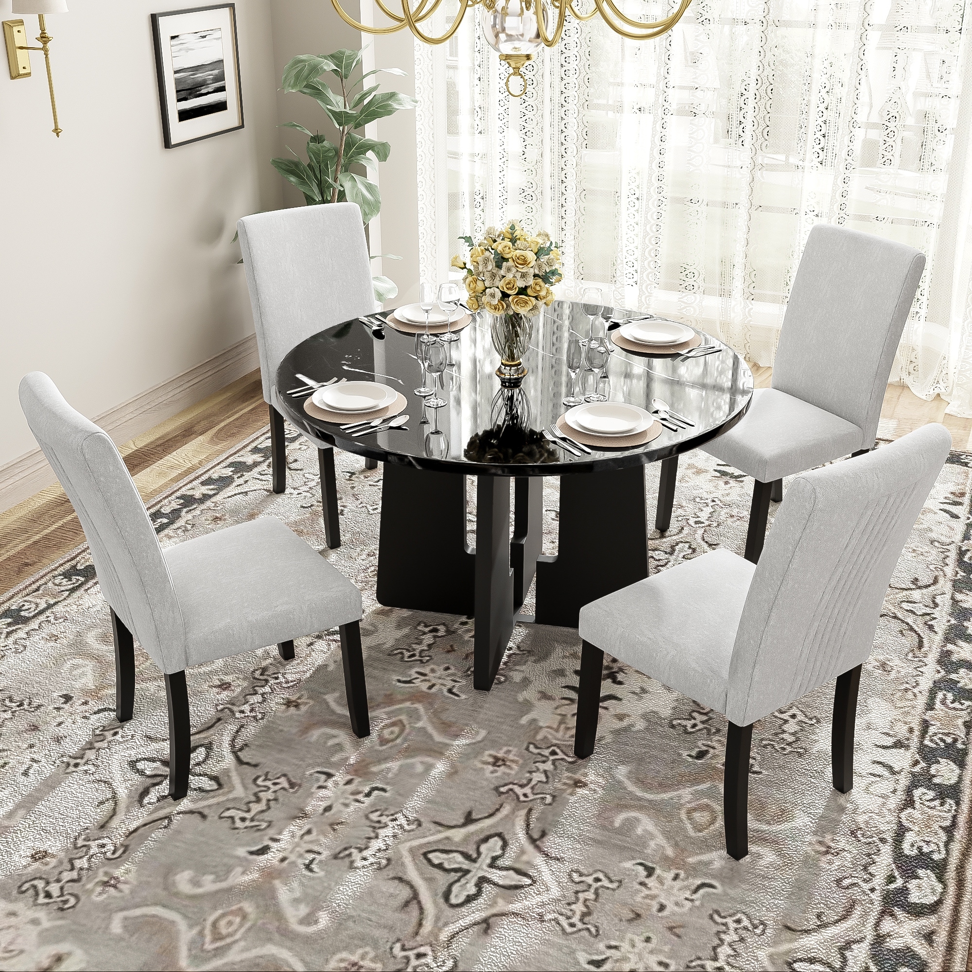 Dining Table and 4 Beige Upholstered Chairs 5-Piece Breakfast Nook