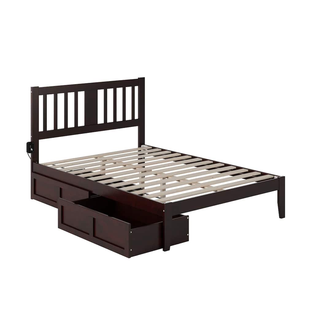 Full Bed in Espresso with 2 Underbed Drawers, Mission Slats, and Built-in Turbo Charger for Convenience