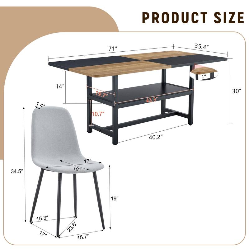 9-Piece Spliced Dining Table with Storage Compartment, Scratch-Resistant MDF Top, Linen-Cotton Chairs, Anti-Slip Feet