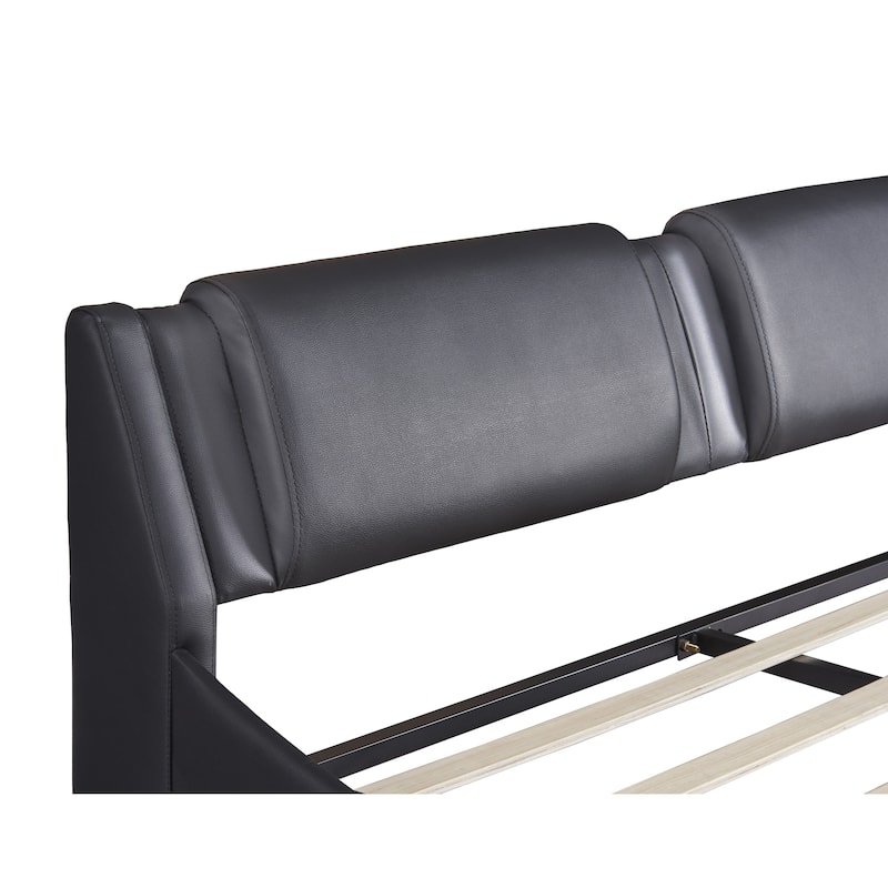 LED Lights Upholstered Faux Leather Queen Size Platform Beds with