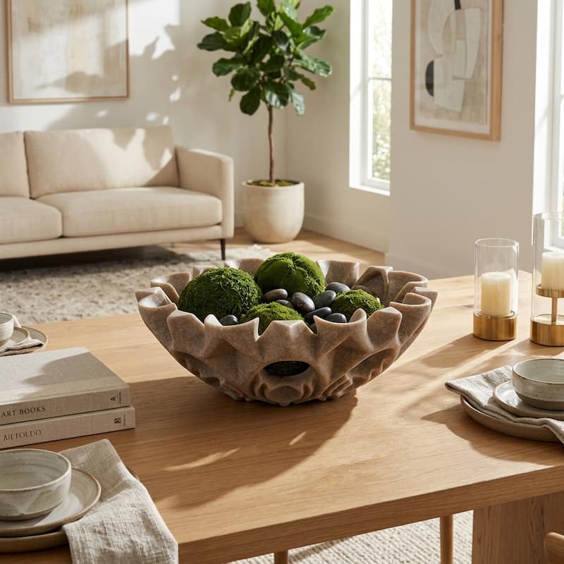 Artistic Decorative Bowl with Sculptural Cut-Out Design - 16", Tan
