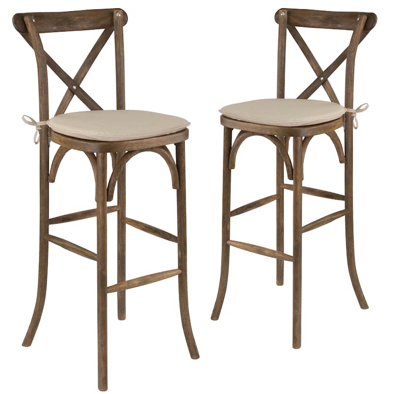 2Pk 350lb. Rated Dark Antique Wood Cross Back Stackable Barstool with Cushion