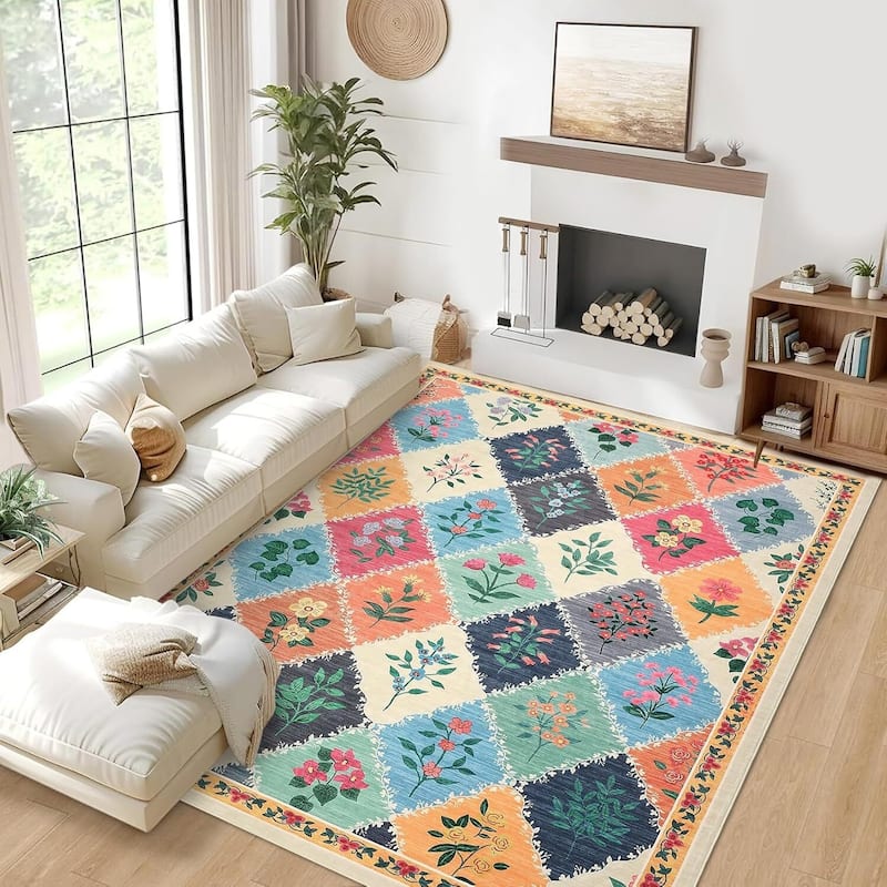 Vintage Floral Washbale Floor Cover Area Rug for Bedroom, Living Room, Colorful - 1'6" x 2'6" - Multi 10' x 13'