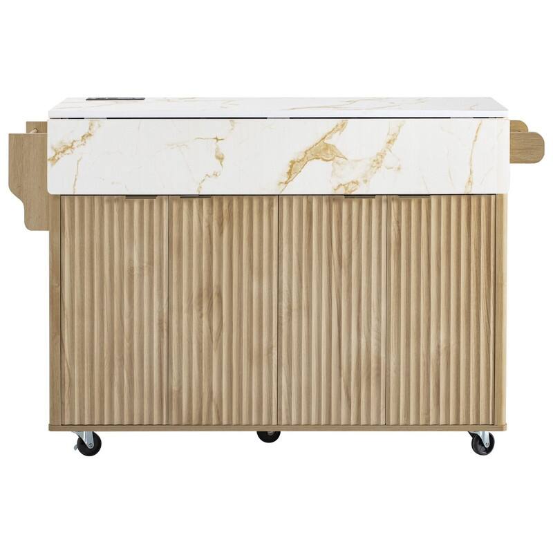 Modern 55.5" Fluted Kitchen Island with Drop Leaf, Kitchen Storage Cart on 5 Wheels with Power Outlet, Spice rack,Curved Edge