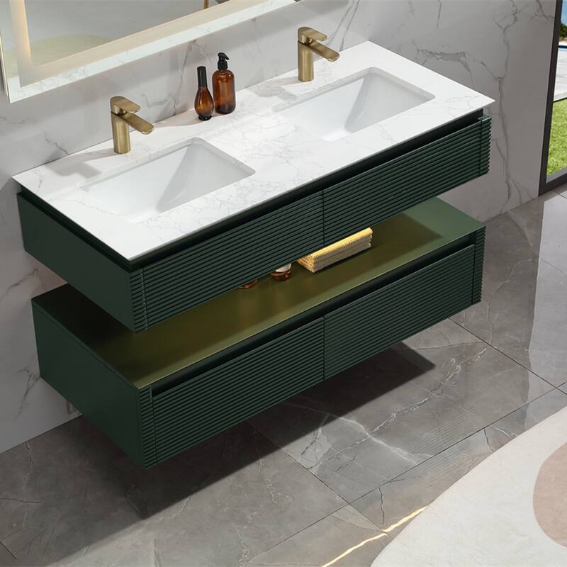 48 Inch Solid Wood Wall-Mounted Bathroom Vanity Set in Green/ White with Engineered Stone Top and Ceramic Sink