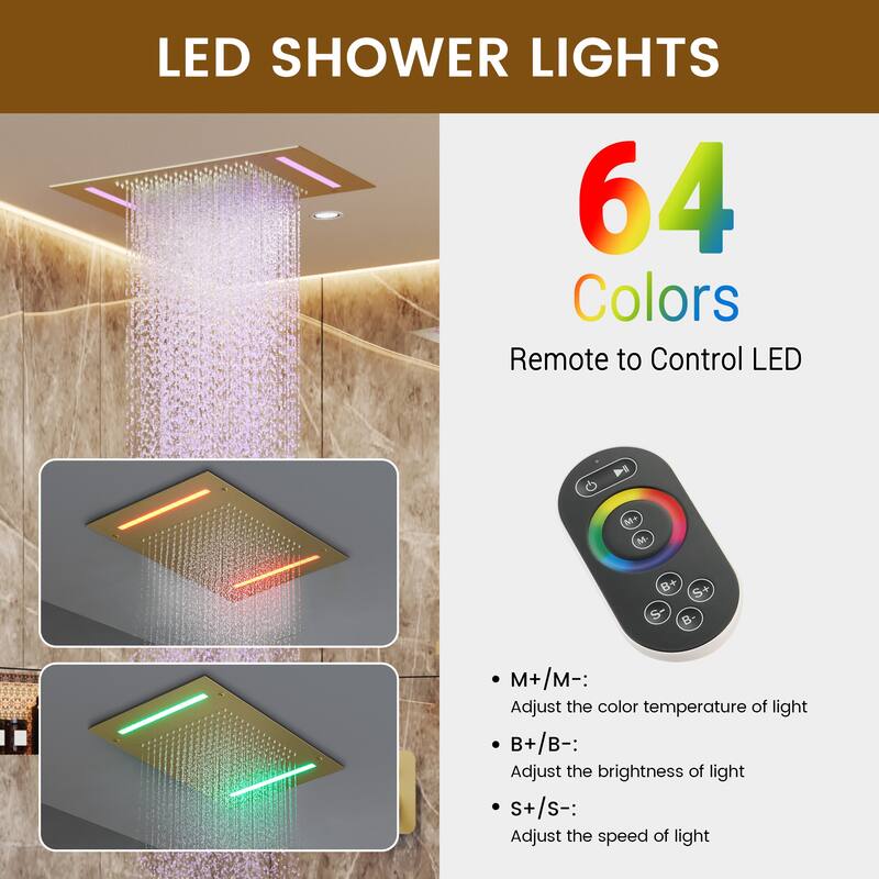 Double Handles 2-Spray 20 in. x 14 in. Ceiling Mount 64-Color LED Shower Faucet 2.5 GPM with Adjustable Slide Bar