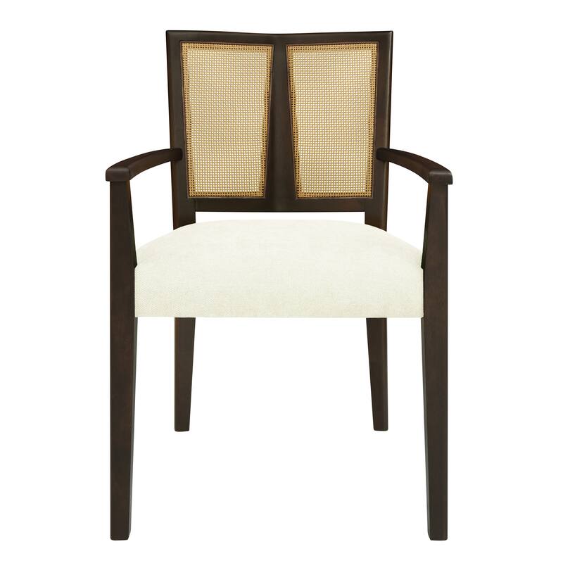 Set of 2 Modern Wooden Arm Dining Chairs with Rattan Backrest, Upholstered Fabric Seat, Rubberwood Frame