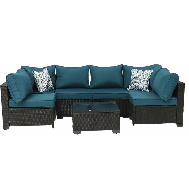 7-Piece Wicker Outdoor Sectional Set with Glass Table and Cushions