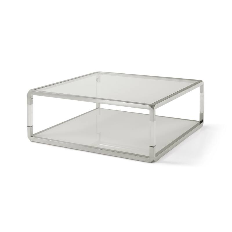 Jape 47 Inch Square Coffee Table, Glass, Stainless Steel, Clear Acrylic