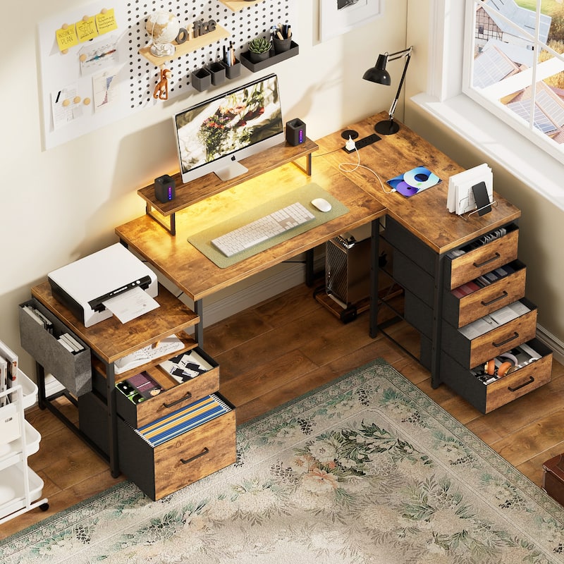 Modern Farmhouse 71'' L Shaped Desk with File Drawers, Reversible Computer Desk with Power Outlets and Smart LED Lights - Rustic Brown