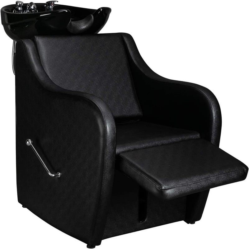 Salon Shampoo Backwash Chair with Ceramic Bowl, Adjustable Leg Rest, Tilting Sink - N/A - Black