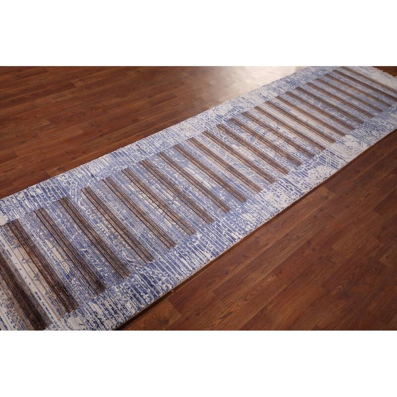 Striped Abstract Oriental Runner Rug Handmade Wool Carpet - 2'7"x 9'10"