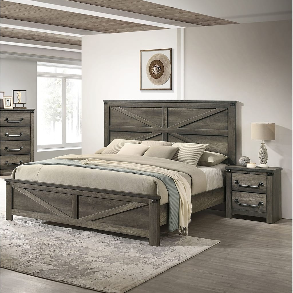 Queen Size Engineered Wood Platform Bed Set with Farmhouse Headboard and 2 Nightstands