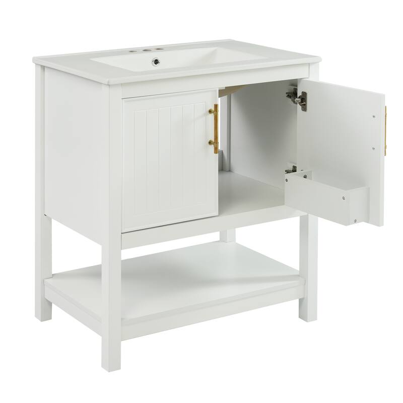 30" White Bathroom Vanity with Ceramic Sink and Versatile Storage - Ideal for Small Bathrooms