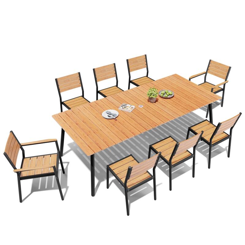 Outdoor Patio Dining Set 7/9 Piece Furniture Set Aluminum Dining Table with Umbrella and Stackable Chairs