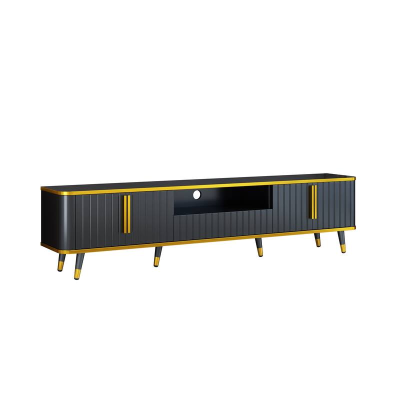 Elegant 79-Inch TV Stand with Ample Storage, Golden Elements, and Sleek Design - Ideal for Large Living Spaces.