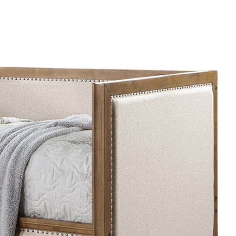 Kyra Twin Daybed with Nailhead Trim, Light Oak Pinewood, Beige Fabric