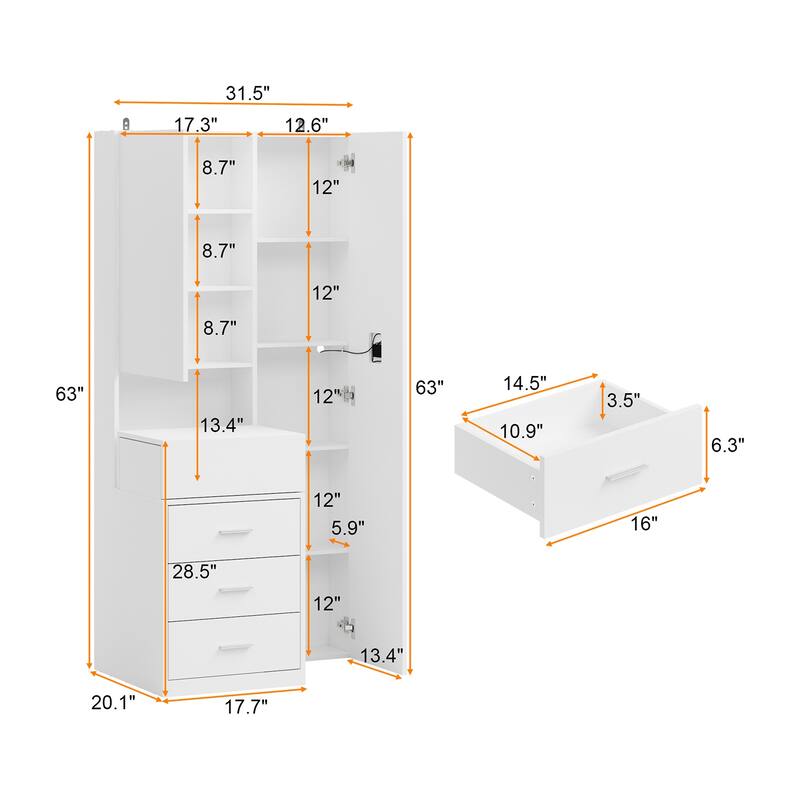 LED Full Length Mirror Jewelry Cabinet with 3 Drawers & Sliding Storage, Lighted Vanity Storage Dresser