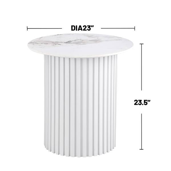 Round Sintered Stone End Table with Fluted Metal Base in White - Bed ...