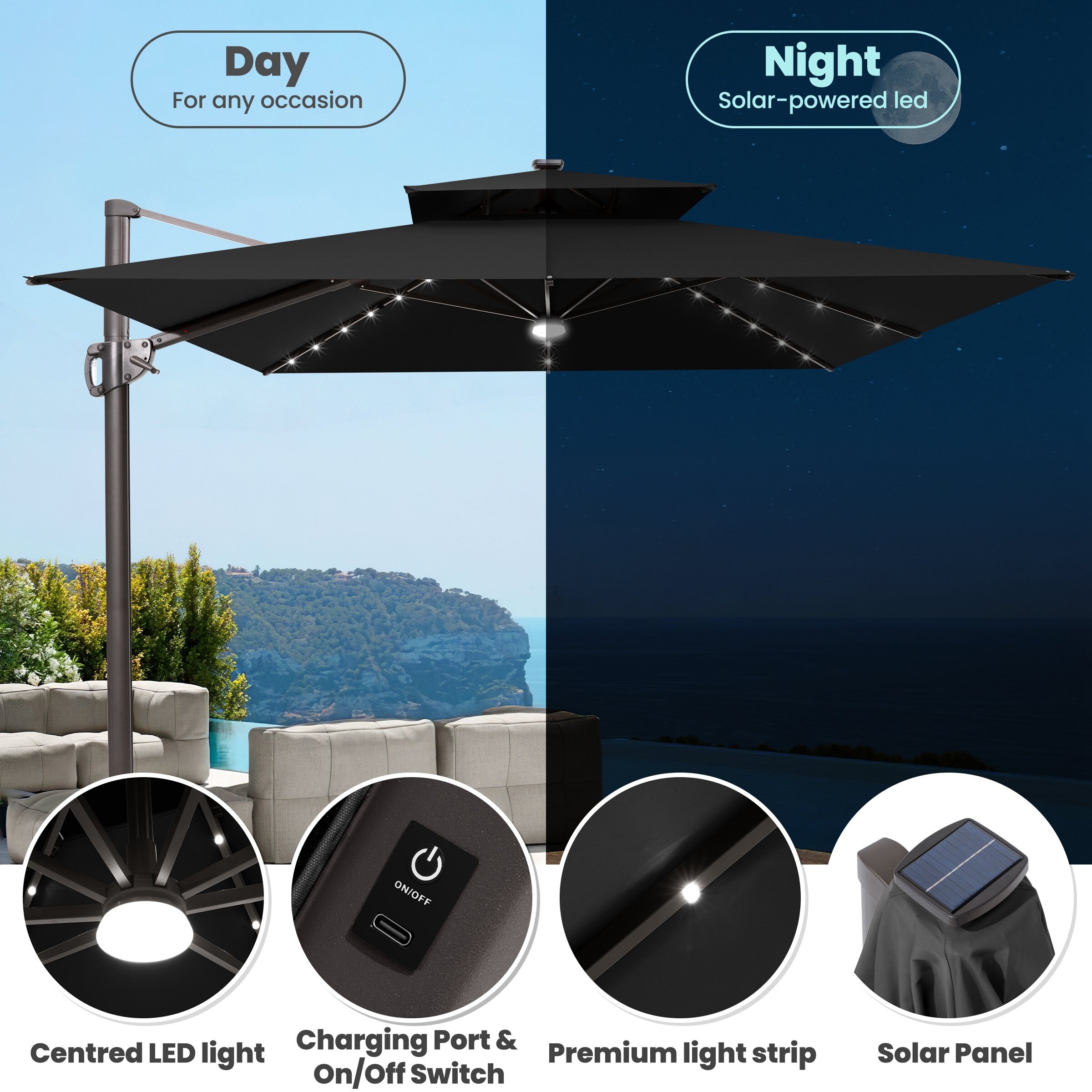 9 foot lighted offset patio umbrella Blissun ft Solar Umbrella, 32 LED Umbrella, Table Market Umbrella, Outdoor for Garden, Deck, Backyard, Pool and Beach (Tan) : Patio, Lawn & Garden 6 height and angle options for personalized shading 11 ft. x 9 ft.