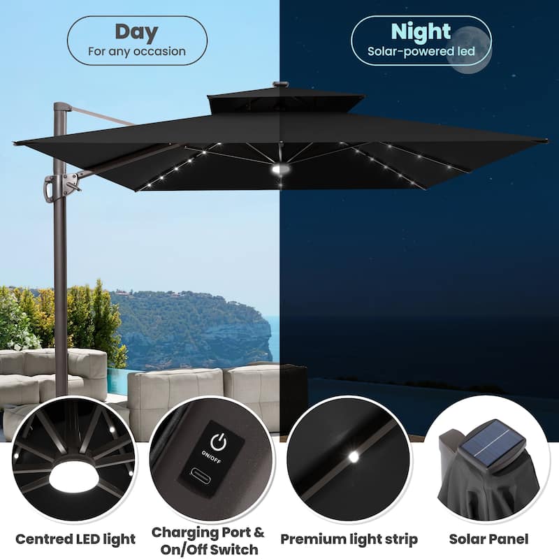 9 FT x 11 FT Outdoor Double Top LED Lighted Patio Cantilever Umbrella with Base