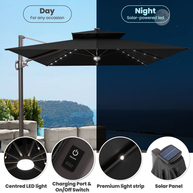 9 x11 FT LED Lighted Patio Cantilever Umbrella Double Top with Weighted Base