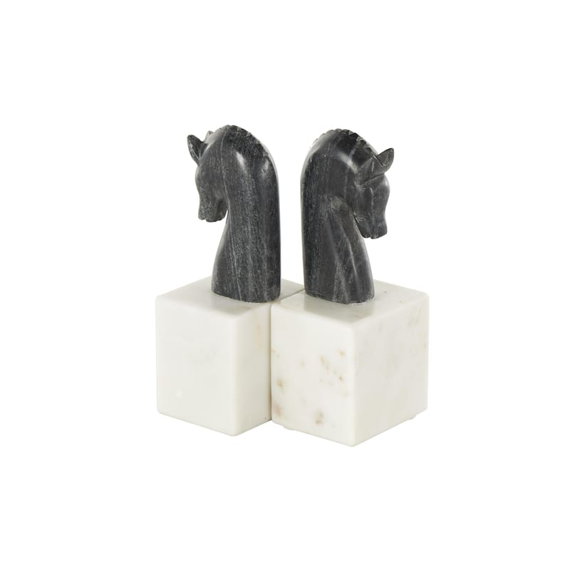 Marble Horse Distressed Bookends with White Block Bases - Set of 2 Black - Roche River Decor
