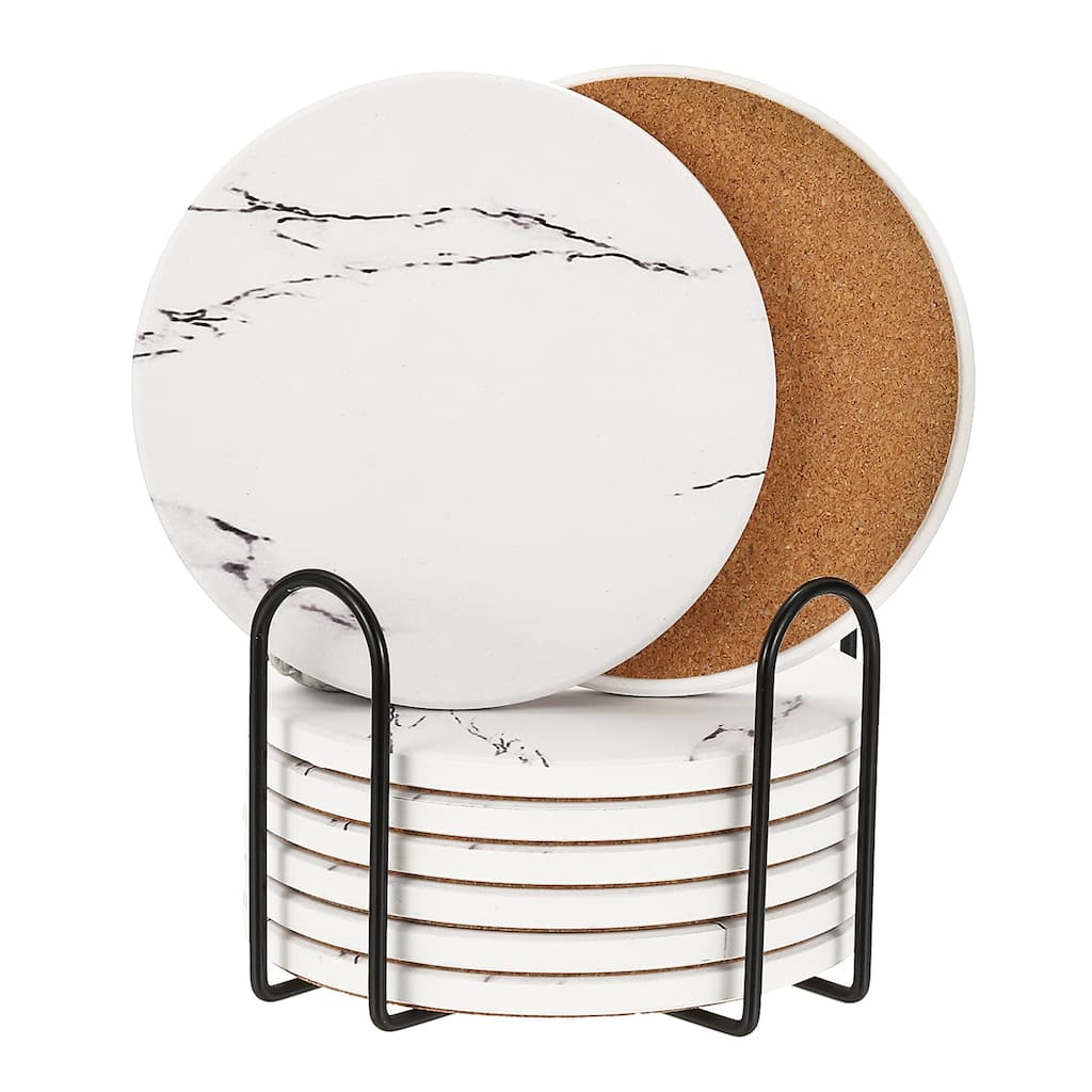 Ceramic Stone Coasters, 8pcs Cork Base Cup Coasters Set with Holder