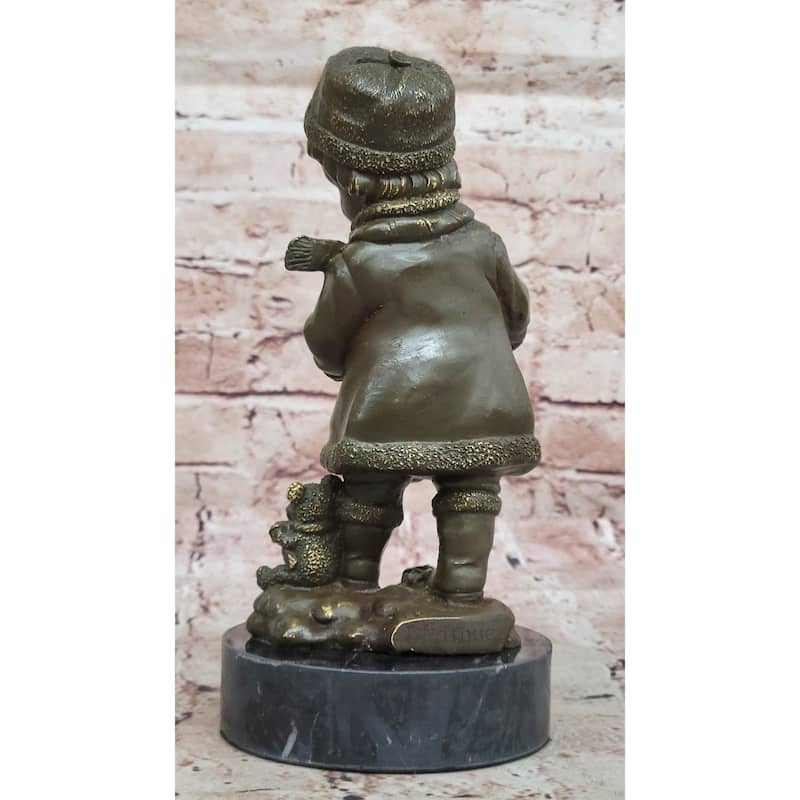 Winter Child Reading Book – Bronze Figurine With Teddy Bear