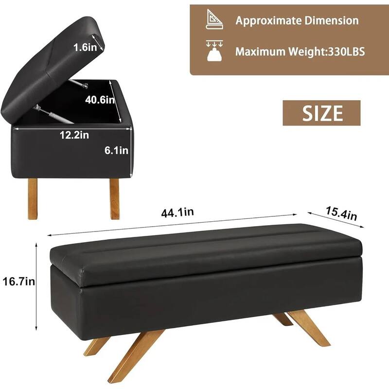 Mid Century Faux Leather Storage Bench Ottoman with Flip Top Lid - 15.4"D x 44.1"W x 16.7"H
