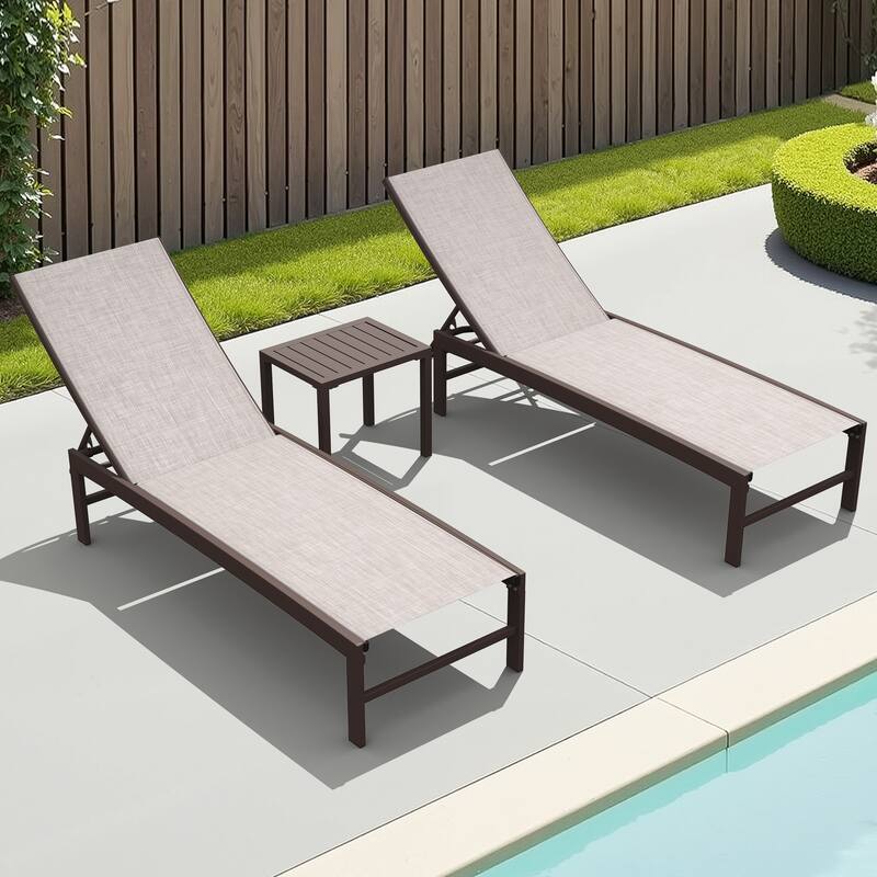 3-Piece Outdoor Loungers Patio Chaise Lounge Chairs Set with Side Table - Set of 3 - Beige