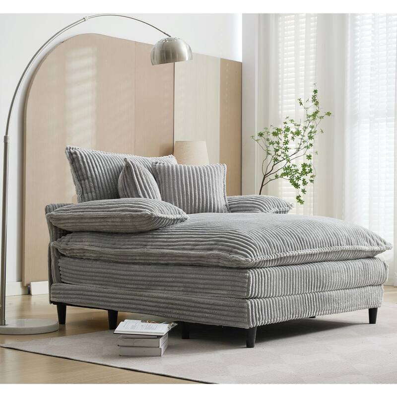 54.75" Oversized Chaise Lounge Chair, Fluffy Corduroy Sleeper Sofa with Adjustable Backrest, Deep Seat & 3 Pillows