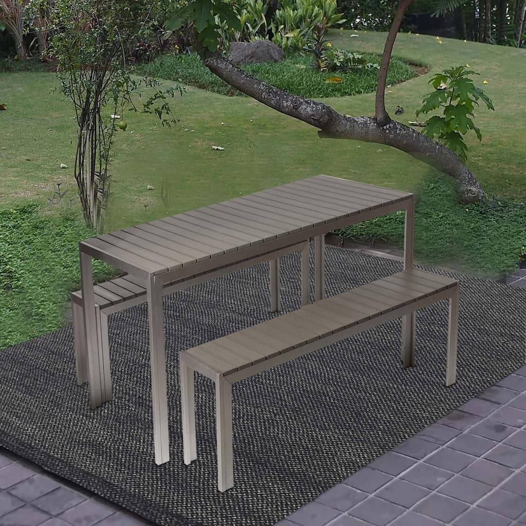 Effortlessely Uncomplicated Anodized Aluminum Table And Bench Set In Gray (Set of 3)