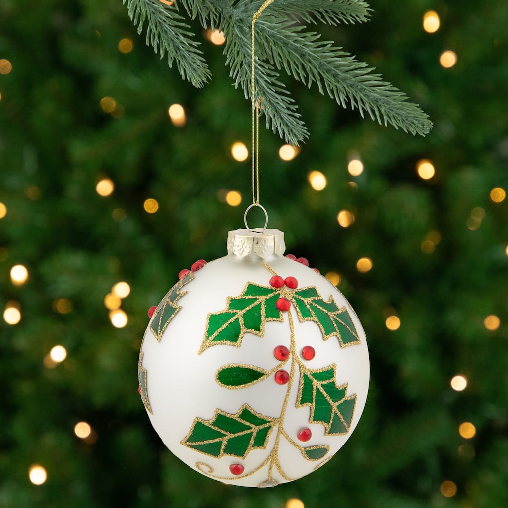 Holly and Berries Christmas Glass Ball Ornament - 4" - White and Green