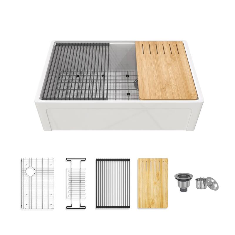 33 in. Farmhouse Double Bowl White Fireclay Workstation Kitchen Sink Drying Rack + Cutting Board + Bottom Grid & More