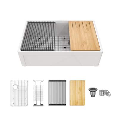 33 in. Farmhouse Double Bowl White Fireclay Workstation Kitchen Sink Drying Rack + Cutting Board + Bottom Grid & More