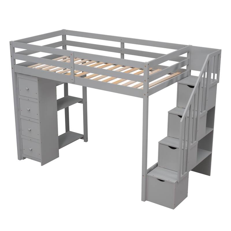 Space-Saving Twin Loft Bed with Storage Stairs and Drawers, Wooden Loft Bed