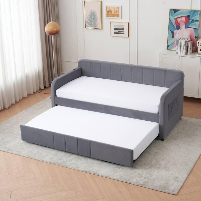 Twin Size Velvet Upholstered Daybed, Wood Sofa Bed Frame Daybed Couch with Trundle Bed and Wood Slat