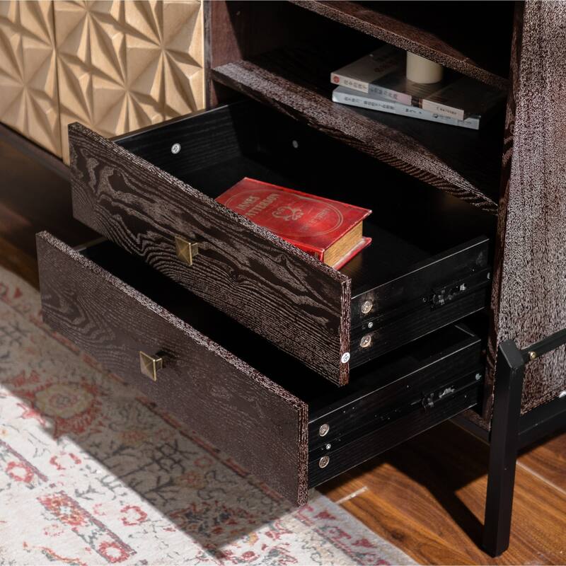 Roomfitters Modern Solid Wood Sideboard Cabinet, Geometric Pattern Storage Console with 2 Doors and Open Shelves, Natural