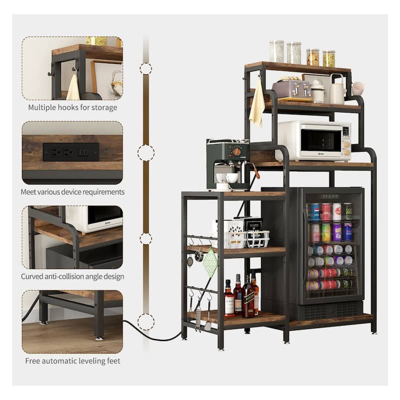 Multifunctional 7-Tier Mini Fridge & Microwave Stand with 2 AC/2 USB Outlets - Coffee Bar & Bakers Rack Storage Shelf