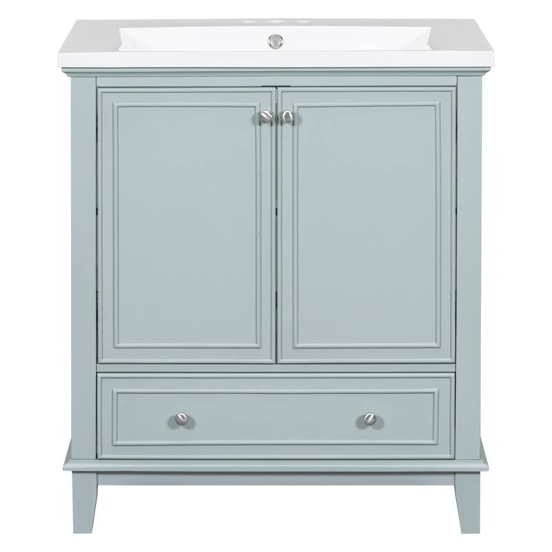 Bathroom Vanity with Ceramic Sink, Solid Wood & MDF Base, 1 Drawer & 2 Doors, Adjustable Shelf - 30in L Solid Wood+MDF