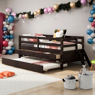 Twin Size Low Loft Bed With Ladder,Storage Drawers and Trundle for Home