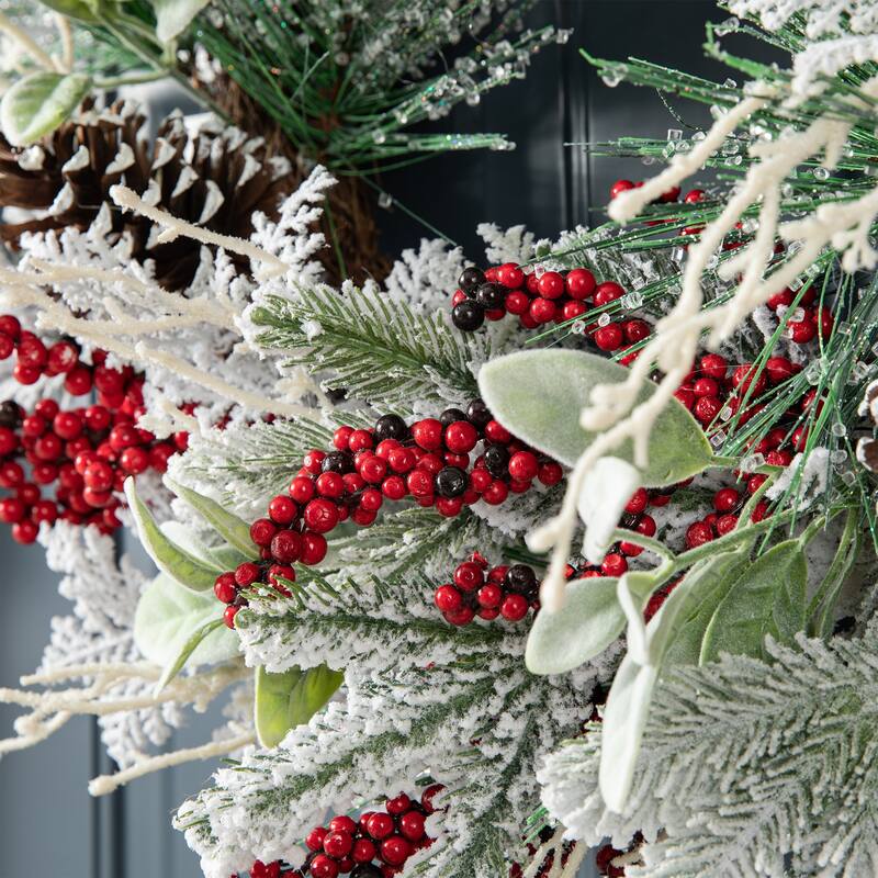 Glitzhome Artificial Christmas Flocked Pinecone Berry Teardrop Wreath Centerpiece