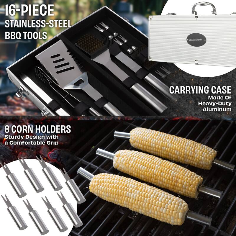 16-Piece BBQ Grill Accessories Set - Barbecue Tool Kit with Aluminum Case by Home-Complete