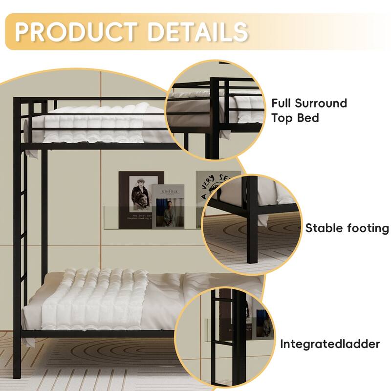Full/Queen Metal Bunk Bed with Heavy-Duty Square Tube Frame, Dual Sleeping Areas, Space-Saving Design for Shared Rooms