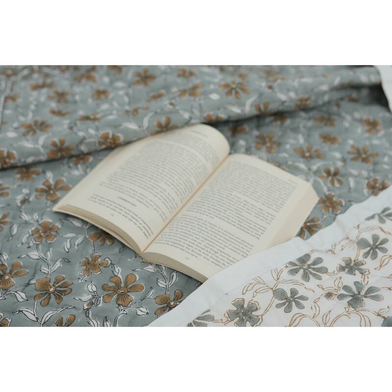 Fabdivine Artisan Handmade 100% Cotton Quilt - Brown Green Floral Block Print, Reversible Bohemian Bedding for Home